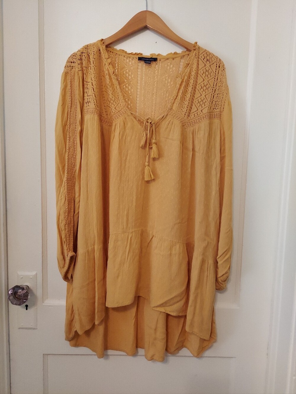 VTG American Eagle Peasant Top Blouse Womens XLarge Mustard Crochet Relaxed Boho